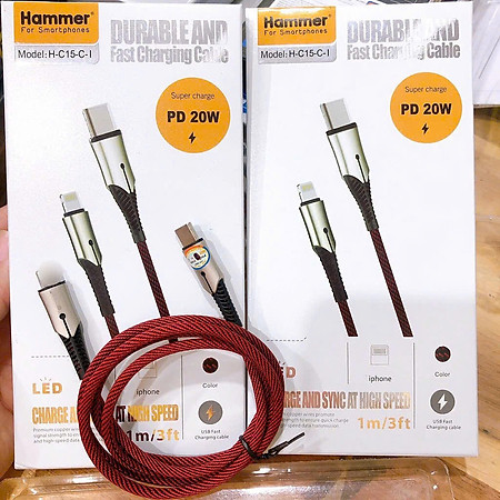 Dây sạc nhanh Ham mer C15 chân cắm  Type C ra L công suất PD 20W, dây bện dù, Hàng chính hãng bảo hành 12 tháng