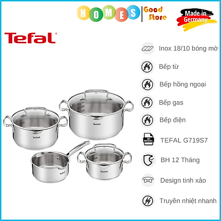 Bộ Nồi 4 Sets TEFAL G719S7 Có Vạch Chia, Gồm 7 Chi Tiết Nhập Khẩu Đức, Chất Liệu Thép Không Gỉ, Dùng Cho Mọi Loại Bếp, Bền Gấp 6 Lần Chảo Thường - Hàng Nhập Khẩu