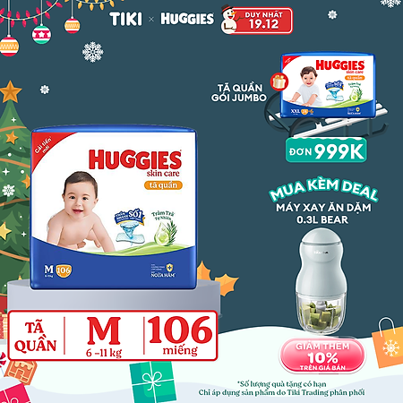 Tã/bỉm quần Huggies Skin Care Mega Jumbo M102+4 miếng với tràm trà dịu da