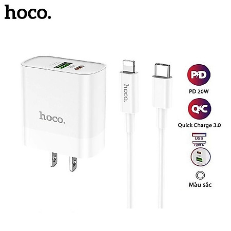 Bộ Sạc Nhanh Cho Iphone PD20W Hoco C80/C80A Plus 2 cổng Usb và Type-C kèm dây sạc Type-C sang iPhone 1M Sạc 0-50% Pin trong 30 phút - Hàng chính hãng