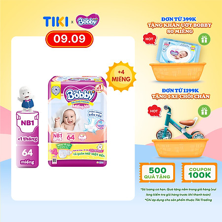 Miếng lót sơ sinh Bobby Newborn 1-64 miếng - Tặng 4 miếng Tã Quần Một Bên NB size S