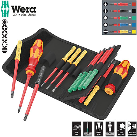 Bộ tua vít cách điện Kraftform Kompakt VDE 17 Universal 1 gồm 4 cạnh, dẹp, hoa thị  các đầu vít thay đổi được gồm 17 chiếc Wera 05006611001