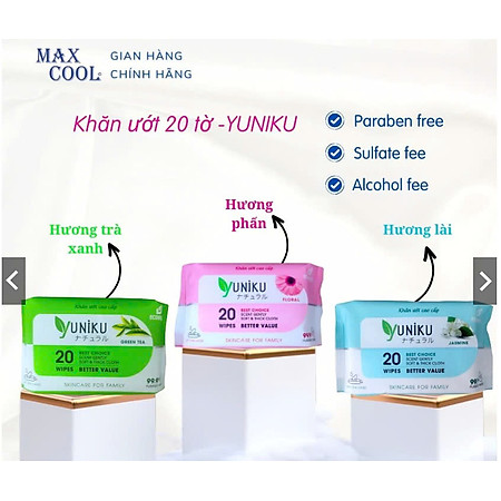 3 Gói Khăn Ướt Yuniku Max Cool YK20-02 (20 Tờ x 3) - 3 Màu