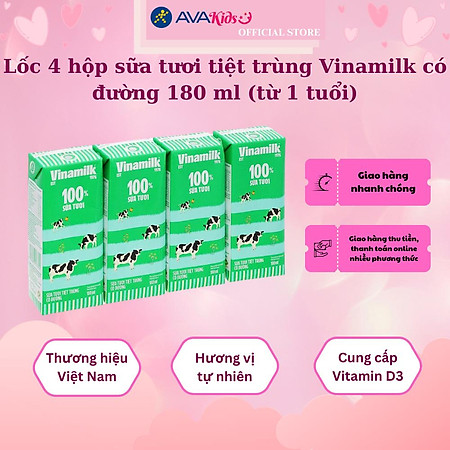 Lốc 4 hộp sữa tươi tiệt trùng Vinamilk có đường 180 ml (từ 1 tuổi)