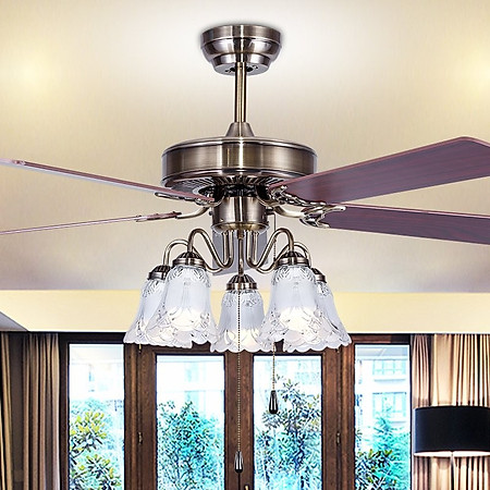 Quạt trần đèn trang trí phòng khách phòng ngủ S137 màu đồng- vàng cánh sắt và cánh gỗ Bảo hành 48 T