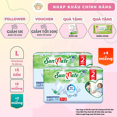 Combo 2 gói - Tã dán người lớn SunMate mới size M18/L18/XL18 + 2 miếng