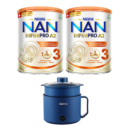 Bộ 2 Lon Sữa bột NAN  INFINIPRO A2 800g Thụy Sĩ 3 với đạm quý A2 tiêu hóa tốt sau 7 ngày và 5HMO tăng cường đề kháng  + Tặng Nồi Lẩu Mini Điện Đa Năng 1.5L (2 - 6 tuổi)