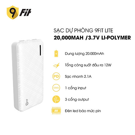 Sạc dự phòng 9FIT Lite 20,000mAh /3.7V Li-Polymer - 9PL20K03B, hỗ trợ sạc nhanh - Hàng chính hãng