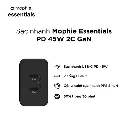 Củ sạc nhanh Mophie Essential 45W 2 Cổng GaN, công suất tối đa 45W - Hàng chính hãng