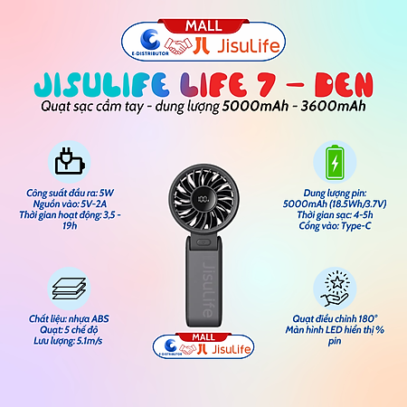 Quạt sạc cầm tay gấp gọn JisuLife Life 7 - dung lượng 3600-5000mAh - Hàng chính hãng