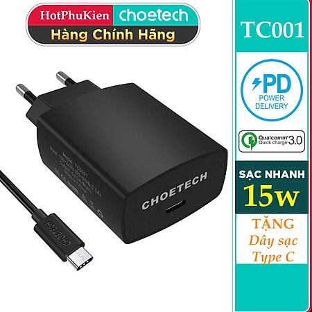 Bộ cóc củ sạc nhanh 15W chuẩn PD 3.0 Type-C hiệu CHOETECH TC0001 cho điện thoại / máy tính bảng / Macbook iPhone Samsung Huawei Xiaomi Oppo Nokia Trang bị chip sạc thông minh (Đính kèm 1 dây sạc Type-C to Type-C) - Hàng chính hãng