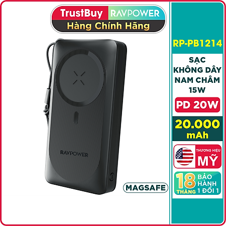 Pin Sạc Dự Phòng 20000mAh RAVPower RP-PB1214 Sạc Nhanh 20W, Sạc Không Dây Nam Châm Tối Đa 15W, Tương Thích Mag.Safe iPhone - Hàng Chính Hãng