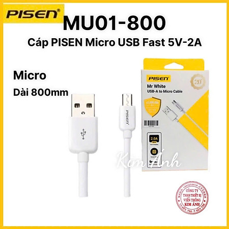 Cáp Pisen Micro USB 2A 800mm (MU01-800)- Hàng chính hãng, check QR kiểm tra và kít hoạt bảo hành