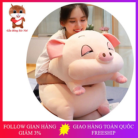 Gấu bông heo mắt híp cao cấp, thú nhồi bông heo ngủ vải nhung co giãn 4 chiều