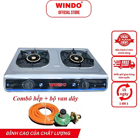 Bếp Gas Đôi Mặt Inox WINDO - 618 PHI 100 - Lửa lớn, điếu gang, có đầu hâm tiết kiệm gas- Hàng Chính Hãng