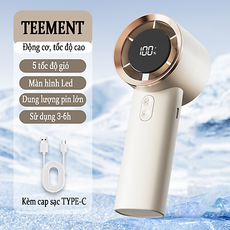 Quạt Tích Điện Mini Cầm Tay Teement , Màn Hình Led, 100 Tốc Độ Gió ,cầm Tay Thông Minh, Màn Hình Hiển Thị Kỹ Thuật Số, Pin 2000mah Siêu Mát - Hàng Chính Hãng