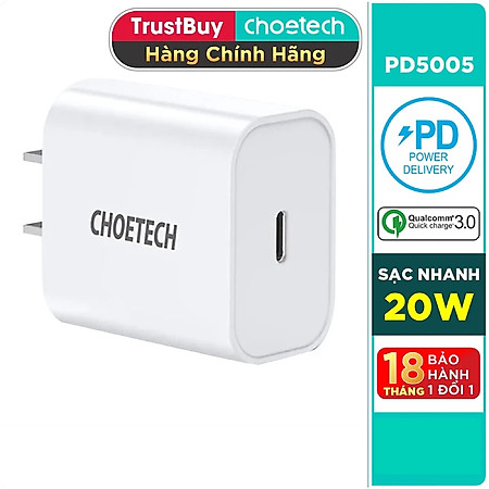 Adapter Củ Sạc CHOETECH PD5005 PD 20W Chuyên Sạc Nhanh iPhone, iPad - Hàng Chính Hãng