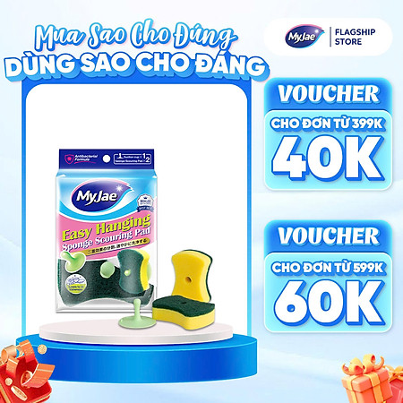 Miếng Bọt Biển Rửa Chén MyJae 2 Mặt, Mút Xốp Rửa Bát Đa Năng Kèm Miếng Nhựa Hít Kê 11.3cm x 7.8cm x 2.7cm (2 Miếng/Gói)