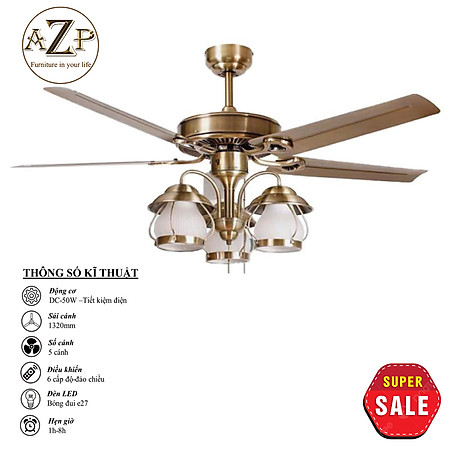 Siêu Sales QUẠT TRẦN AZP- 5 CÁNH KIM LOẠI, CÔNG XUẤT 50W, CÓ REMOTE- Hàng Nhập Khẩu