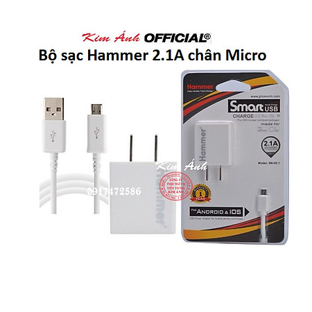 Bộ sạc Ham mer Dòng Điện 2.1A, chuôi Micro - Hàng chính hãng bảo hành 12 tháng