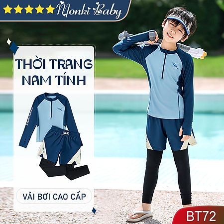 Bộ bơi bé trai chống nắng cao cấp, áo bơi dài tay khóa kéo, quần dài 2 lớp chất thun bơi lạnh, thời trang nam tính, có size lớn | BT72