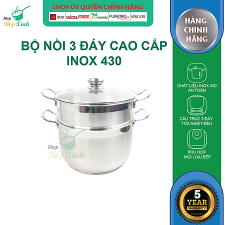 Bộ Nồi Xửng Hấp Inox 430 Bếp Từ 3 Đáy Nắp Kính Fivestar (26cm)