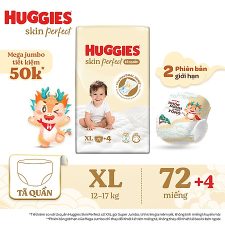 Tã quần Huggies Skin Perfect phiên bản Rồng giới hạn Mega Jumbo XL72+4 miếng với 2 vùng thấm giảm kích ứng da