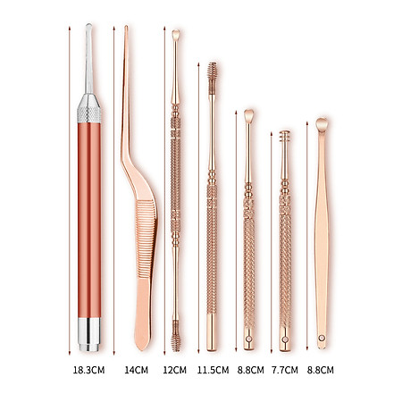 Bộ Dụng Cụ Lấy Ráy Tai cho Bé Có Đèn LED bằng thép không gỉ màu vàng hồng chất lượng cao tặng kèm hộp nhôm nguyên khối DRU - Hàng Chính Hãng