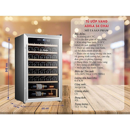 Tủ rượu vang, Tủ bảo quản rượu vang Adela 34