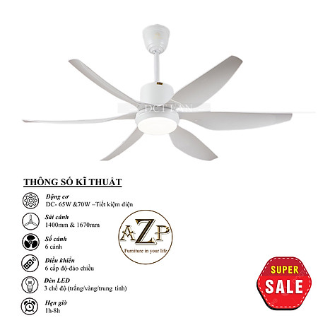 Siêu Sales QUẠT TRẦN AZP- 6 CÁNH NHỰA, CÔNG XUẤT 65W, CÓ REMOTE- Hàng Nhập Khẩu