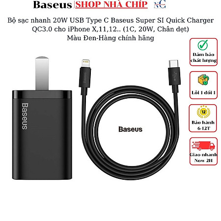 Bộ sạc nhanh 20W USB Type C Baseus Super SI Quick Charger QC3.0 cho iPhone 12 (1C, 20W, Chân dẹt) - Hàng chính hãng