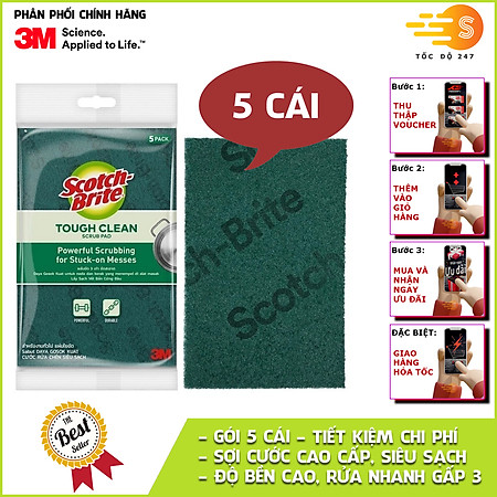 Gói 5 miếng cước rửa chén siêu sạch, sợi cước cao cấp loại lớn 150x100mm Scotch-Brite 3M SB-CRKM-G5 - đa năng, 3 tác động làm sạch, độ bền cao, công nghệ độc quyền