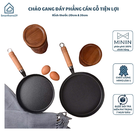 Chảo Gang Đáy Phẳng Cán Gỗ Chống Dính 21cm, 26cm – Chảo Nấu Ăn Chất Lượng Cao, Tiện Dụng - HÀNG CHÍNH HÃNG MINIIN