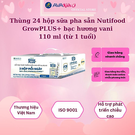 Thùng 24 hộp sữa pha sẵn Nutifood GrowPLUS+ bạc hương vani 110 ml (từ 1 tuổi)