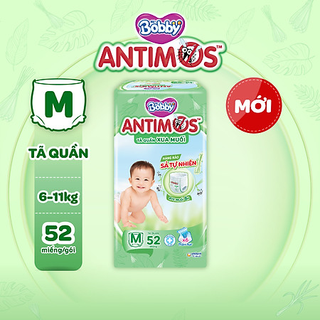 Tã Quần Xua Muỗi Bobby Antimos – Hàng rào Sả tự nhiên Bye Muỗi 8H - Size M 52 miếng