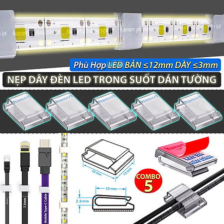 SET 5 Nẹp Dây Đèn LED Dán Tường Kẹp Cố Định Dải LED Trang Trí Tủ Kệ Trưng Bày Decor Bàn Làm Việc