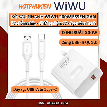 Bộ cóc củ dây sạc nhanh 200W USB A QC 3.0 kèm dây Type C PPS chống cháy hiệu WIWU GAN ESSEN Fast Charger cho iPhone 6 15 14 13 12 11 ProMax cho iPad Pro Air 10.2 9.7 10.5 11 12.9 13 inch S24 S25 cho Macbook cho Laptop Find Flip Fold - Hàng nhập khẩu