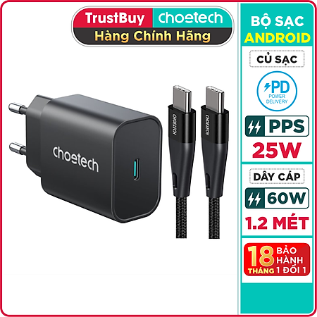 Combo Củ Sạc Nhanh PPS PD 25W CHOETECH PD6003 Và Cáp Type C 60W Dài 1.2m XCC-1003 Cho Điện Thoại Samsung, Oppo, Vivo, Xiaomi - Hàng Chính Hãng