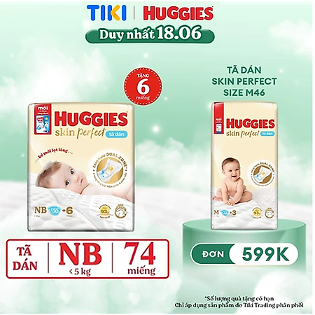 Tã/bỉm dán sơ sinh Huggies Skin Perfect NB 70+4 miếng với 2 vùng thấm giảm kích ứng da