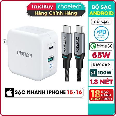 Bộ Củ Sạc Dành Cho Macbook, Laptop, Điện Thoại 65W CHOETECH PD8002 GaN Tech + Type-C to C 100W 1.8M XCC-1002-GY - Hàng Chính Hãng
