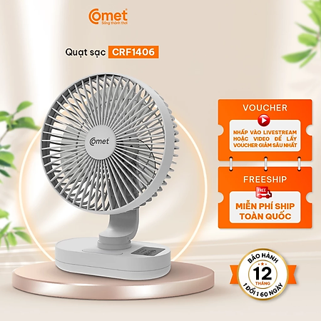 Quạt Sạc Tích Điện Để Bàn Đa Năng COMET CRF1406 6W, 3 Cấp Độ Gió, Có Đèn LED, 2 pin rời 18650 Lithium 1200mAh Để Bàn Văn Phòng - Hàng chính hãng