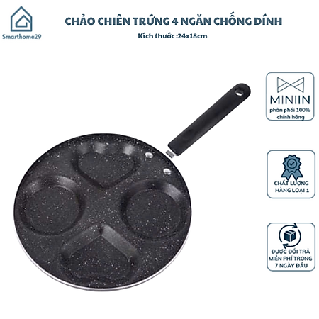 Chảo Chiên Trứng Hình Trái Tim 4 Ngăn 24cm – Chống Dính, Tiện Dụng Cho Gia Đình - HÀNG CHÍNH HÃNG MINIIN