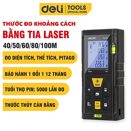 Máy Đo Khoảng Cách Laser Deli Chính Hãng Loại 40m - 120m Đa Năng - Dễ Dàng Sử Dụng Từ Xa - EDL4168