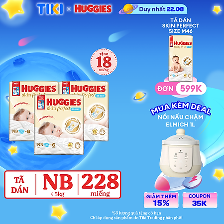 Combo 3 gói Tã/bỉm dán sơ sinh Huggies Skin Perfect NB 70+6 miếng với 2 vùng thấm giảm kích ứng da