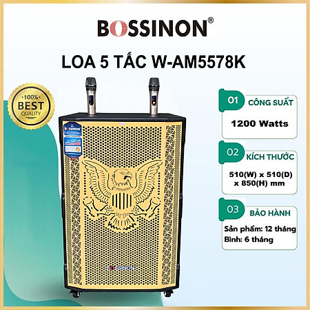 Loa kéo 5 tấc Bossinon W-AM5578K - _Kích thước: 510 (W) x 510 (D) x 840 (H)mm _Công suất: 1200Watts- Hàng chính Hãng