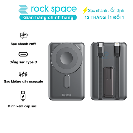 Pin Sạc dự phòng không dây nam châm 5-in-1 ROCK P50 10000mAh 20W tích hợp chân đế giữ điện thoại - Hàng chính hãng bảo hành 12 tháng