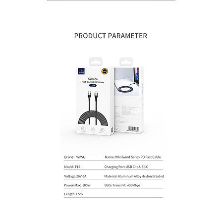 Cáp Wiwu F15 Cyclone PD 100W fast charge Cable  Tương thích với Máy tính xách tay/ Ipad/ Điện thoại/ Bảng điều khiển trò chơi , sạc siêu nhanh USB C sang USB C - Hàng chính hãng