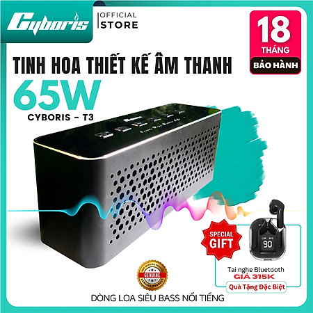 Loa Nghe Nhạc Bluetooth Cyboris T3, Loa siêu Bass Công suất 65W, Chống nước IPX5, Pin 6600mAh. Hàng Chính Hãng