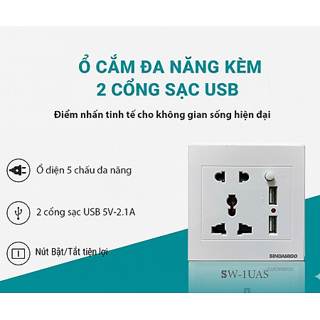 Ổ cắm điện âm tường hình vuông đa năng kèm 2 cổng sạc USB 2.1A tiện lợi Sinoamigo SW-1UAS hàng chính hãng
