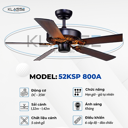 Quạt trần cách gỗ không đèn Klasse 52KSP 800B Hàng chính hãng